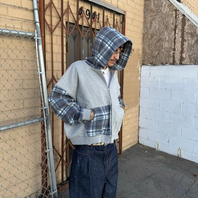 Y2K plain pocket zipper jacket plain splicing work hoodie mens retro unisex boxing sweatshirt 250225