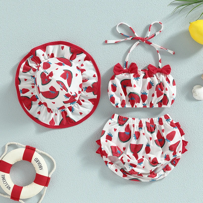 Citgeett Summer Infant Baby Girl Swimsuits Fruit Print Bandage Halterneck Sleeveless Tops Beach Shorts and Hat Swimwear 250225