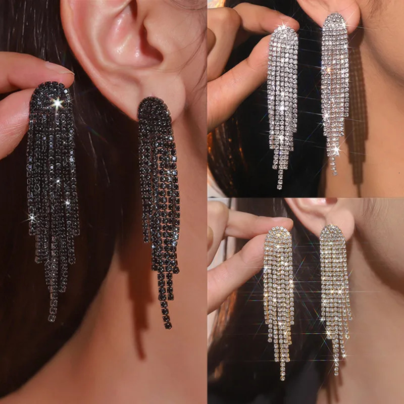 FYUAN Fashion Long Tassel Drop Earrings for Women Black Gold Silver Color Rhinestone Dangle Earring Wedding Party Jewelry 250225