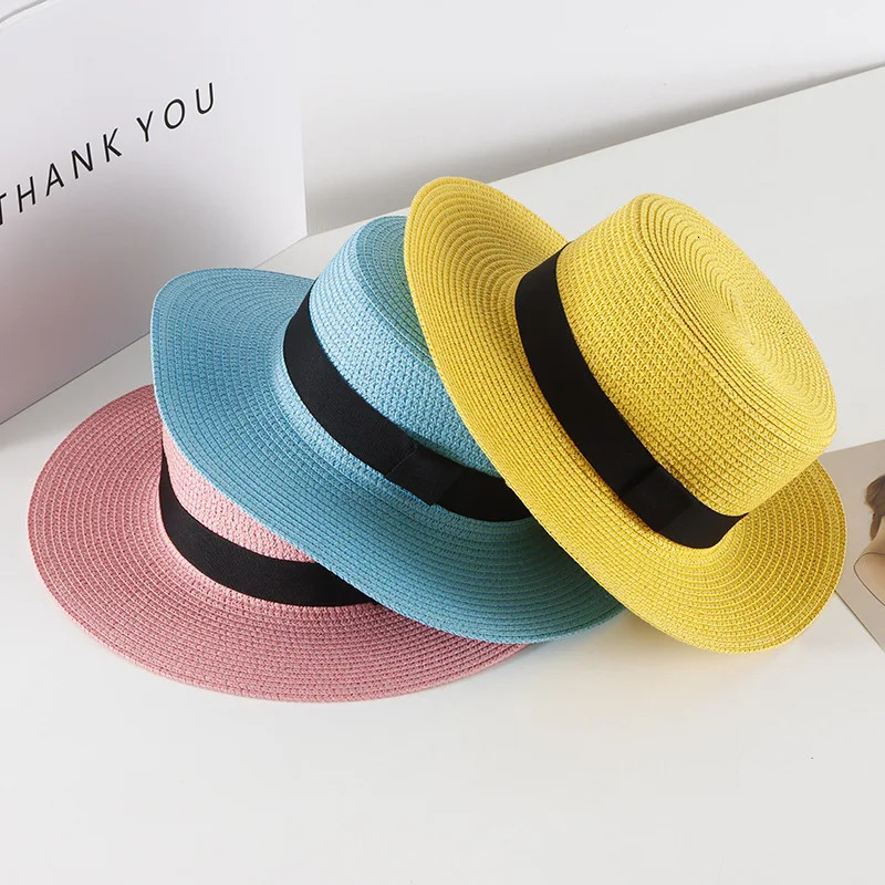 Summer Unisex Flat Top Sun Hats For Women And Men Solid Color Wide Brim Black Ribbon Beach Straw Hat Foldable Holiday Cool Caps 250218