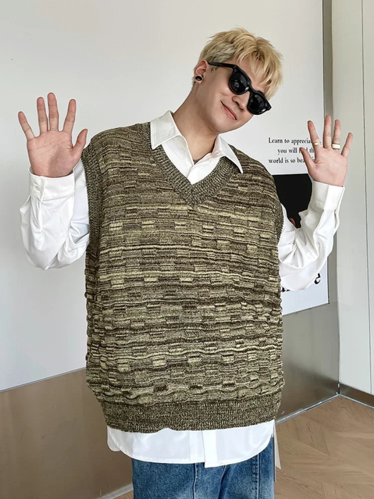 Autumn Sweater Vests Men Knitted Stylish Handsome High Street American Style Sleeveless Couple Prevalent Daily Chic Classic Ins 250225