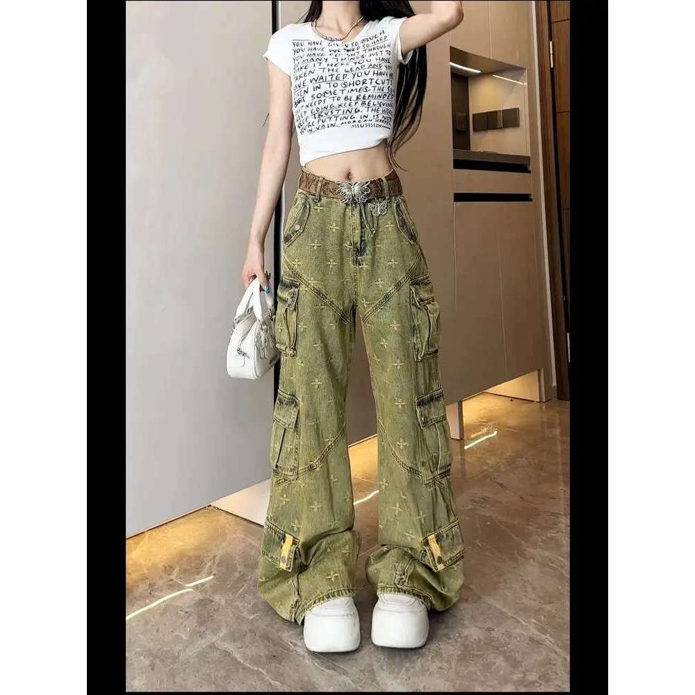 American Retro Vintage Workwear Jeans For Women Summer Multiple Pockets Heavy Embroidery Loose Fit Wide Leg Or Length Pants