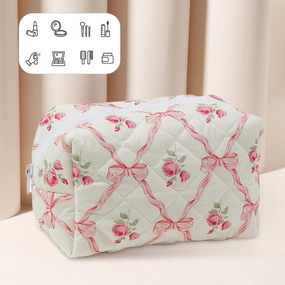 Cute Bow Floral Makeup Bag with Zipper Makeup Organizer Storage Bag Cotton Quilted Cosmetic Organizer Case Large for Women Girls 250221