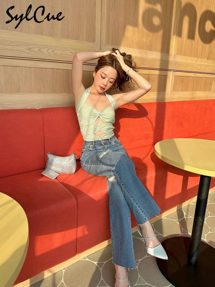 Sylcue Summer All-Match Street Travel Cool Personality Tight Sexy High-Elasticity Young Women Hanging Neck Hollow Vest 250225