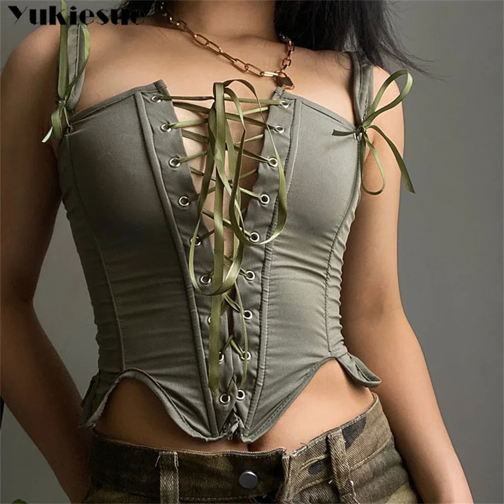 Summer Vintage Corset Bustier Y2K Crop Top Women Cut Out Sexy Lace Up Bandage Sleeveless Tank Tops Fairy Princess Vest Cosplay 250225