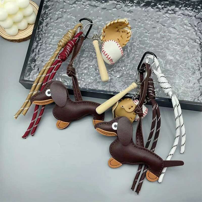 Classic Cute Puppy Dog Diy Bag Pendant Car Keychain Fashion Nylon Lanyard Multi-purpose Leather Dahund Key Ring Accessories