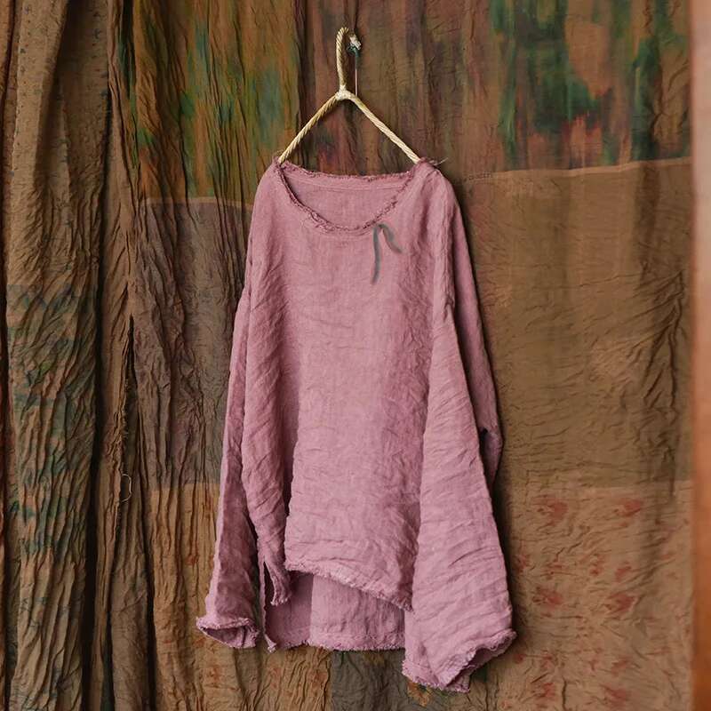 Women Causal Simple Loose Thin Ramie Shirt Solid Color Blouse Ladies Vintage Female 2024 Long Sleeves Summer Spring Tops