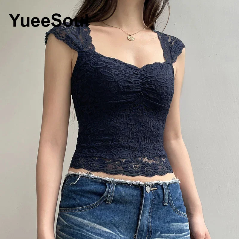 Blue Sweet Cute Tops Printed Sleeveless Sexy Slim Basis Crop Top Summer 2000s Y2K Fairycore Camis Women Clothing 250225