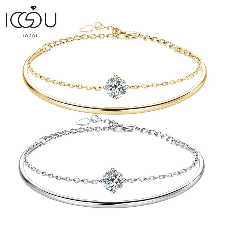 Trend 1CT Round Single Stone Bracelet 925 Sterling Silver Chain Double-layered Bangle Womens Charm Jewelry Gift 250220