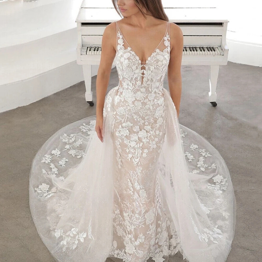 Sexy Backless Lace Mermaid Wedding Dresses With Detachable Train V-Neck Spaghetti Straps Long Bohemian Bridal Gowns 2025 Beach Vestdio De Novia