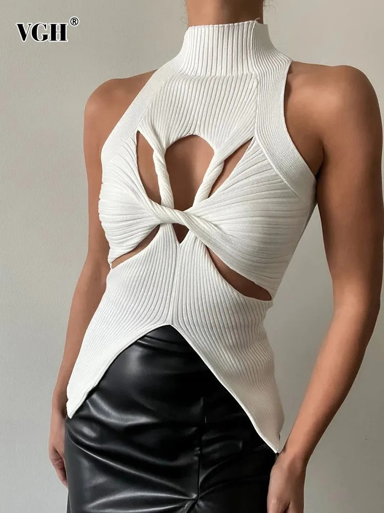VGH Fashion Minimalist Hollow Out Solid Sexy Tank Tops For Women Stand Collar Sleeveless Off Shoulder Irregular Vest Female 250225