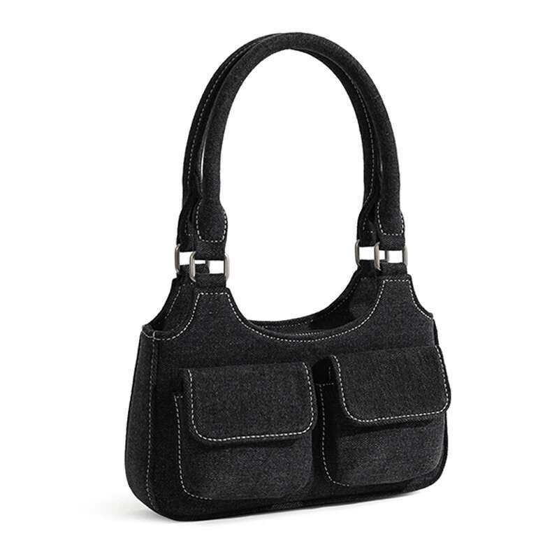 Women New Denim Underarm Small Design Double Pocket Casual Handheld Shoulder Bag