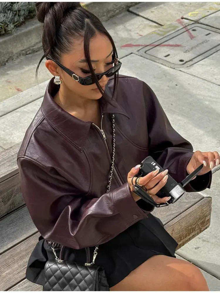 Women Braid Lapel Cropped Leather Jacket Vintage Zipper Long Sleeve Motor Bicycle Coat Chic Casual Retro Loose Street Outerwear 250225