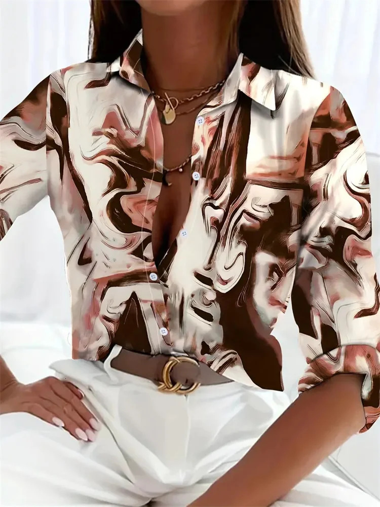 Boutique Pattern Printed Button Long Sleeve Womens Shirt Vintage Elegant Office Fashion Large Size Womens Daily Lapel Shirt 250226