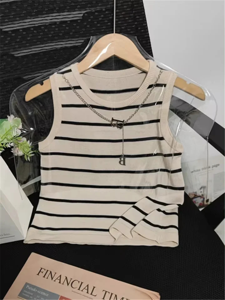 2025 Basic Bottoming Striped Chain Elasticity Vests Women Tank Camis Spring Autumn Wild Crop Short Top 250226