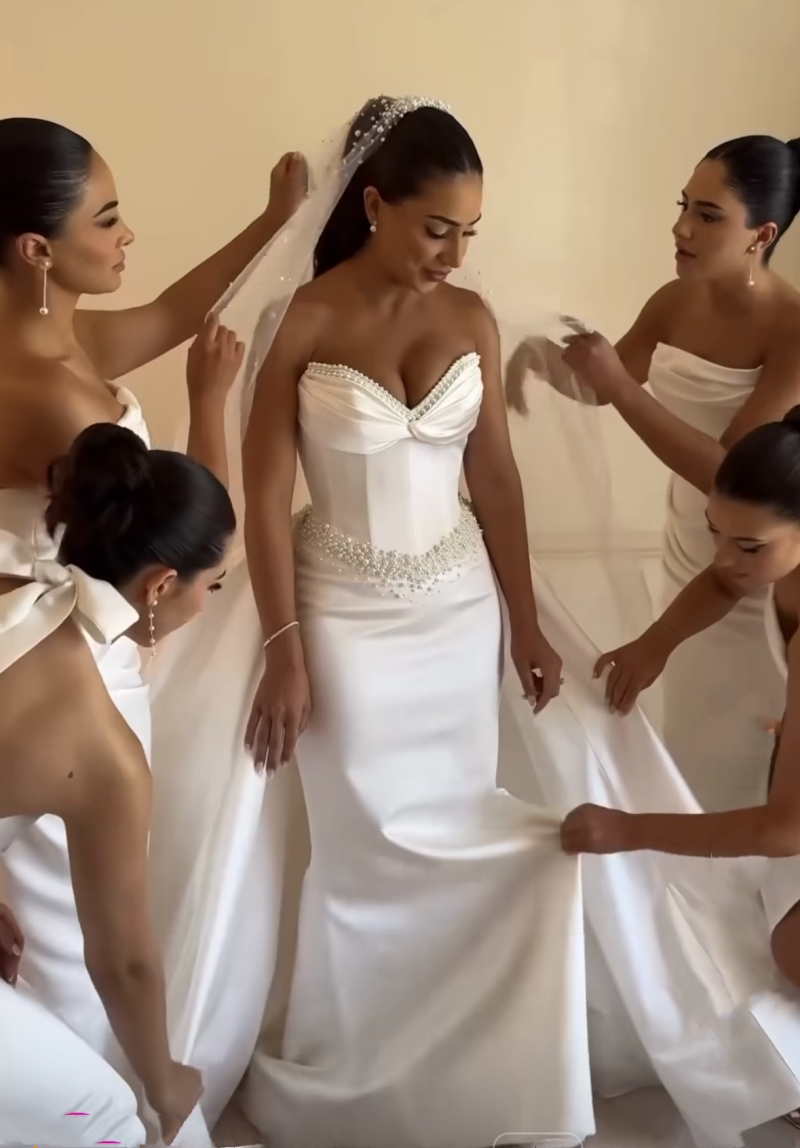 Elegant Pearls Beaded White Mermaid Wedding Dresses With Detachable Train Sweetheart Satin Princess Bridal Gown Customized Vestdio De Novia 2025