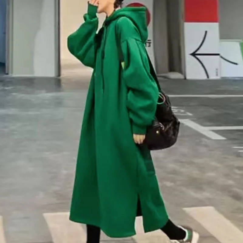 Plus Size Dresses Women Clothing In Hoodies Sweatshirts Casual Long Hooded Shirt Midi Dresses Loose Fleece Oversize Pullover 250225