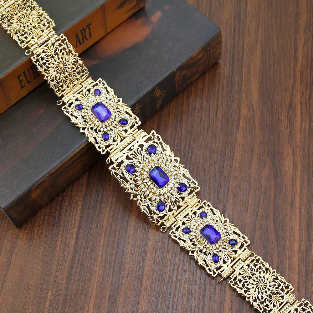 Sunspicems Gold Color Blue Crystal Morocco Caftan Belt For Women Algera Bride Wedding Belt Jewelry Decorative Waist Chain 250225