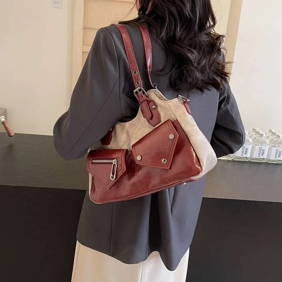 New Large Capacity Retro Shoulder Splicing Women's Shoulder Bag Simple Multi Functional Soft Leather Handbag Designer Crossbody Bag