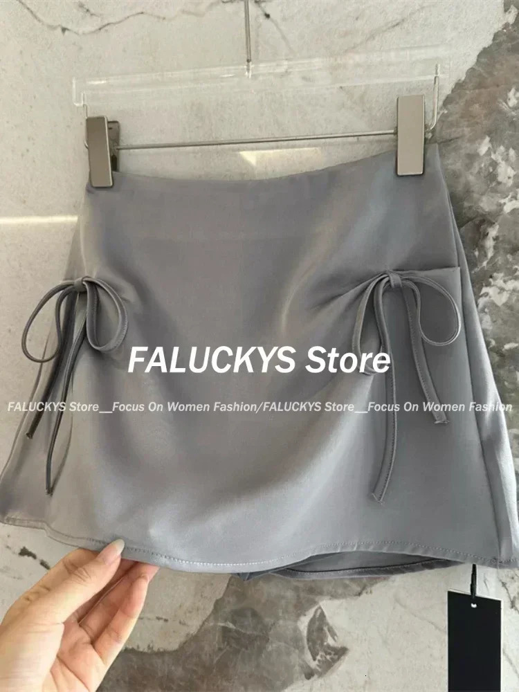 Bow Lace-up Satin Y2k Mini Skirts Women Pink Korean Style A-Line Skirts Summer High Waist Sexy Slim Sweet Short Skirts 250225