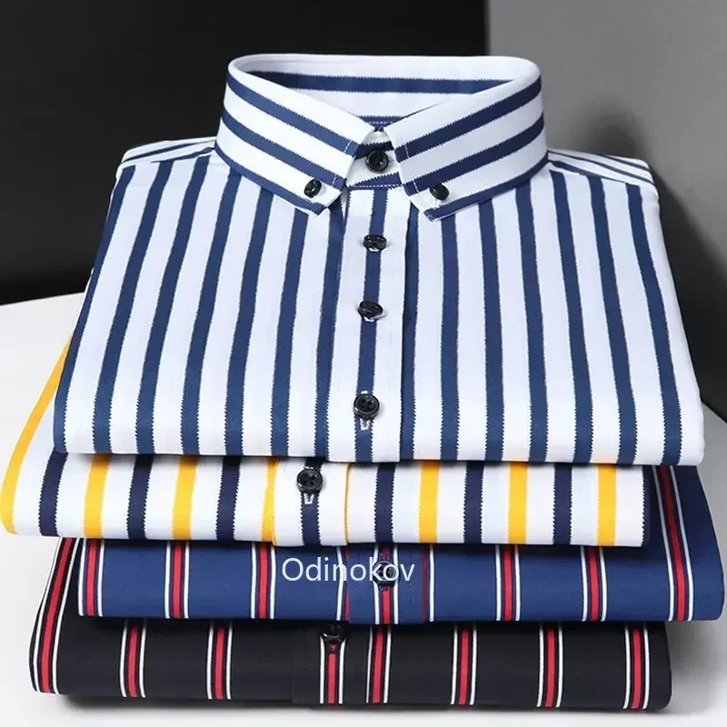 Mens Smooth Non-iron Stretch Soft Casual Striped Shirts Without Pocket Long Sleeve Standard Fit Youthful Button Down Shirt 250226