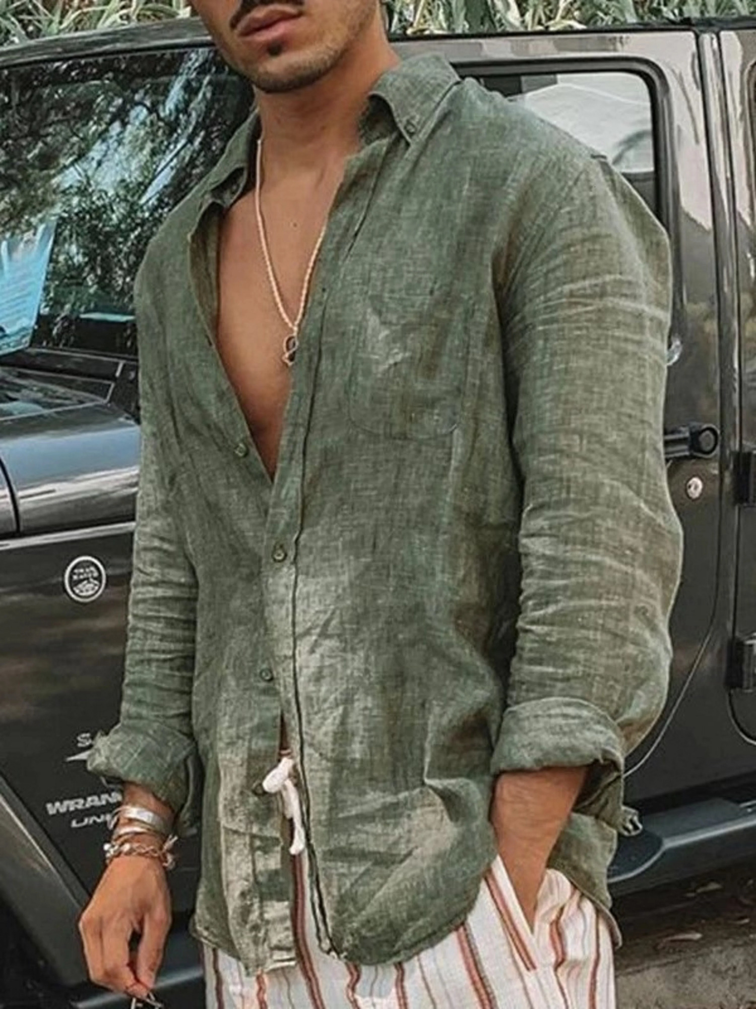 Mens casual fashion solid color thin long-sleeved shirt lapel cardigan suitable for outdoor activities 250226