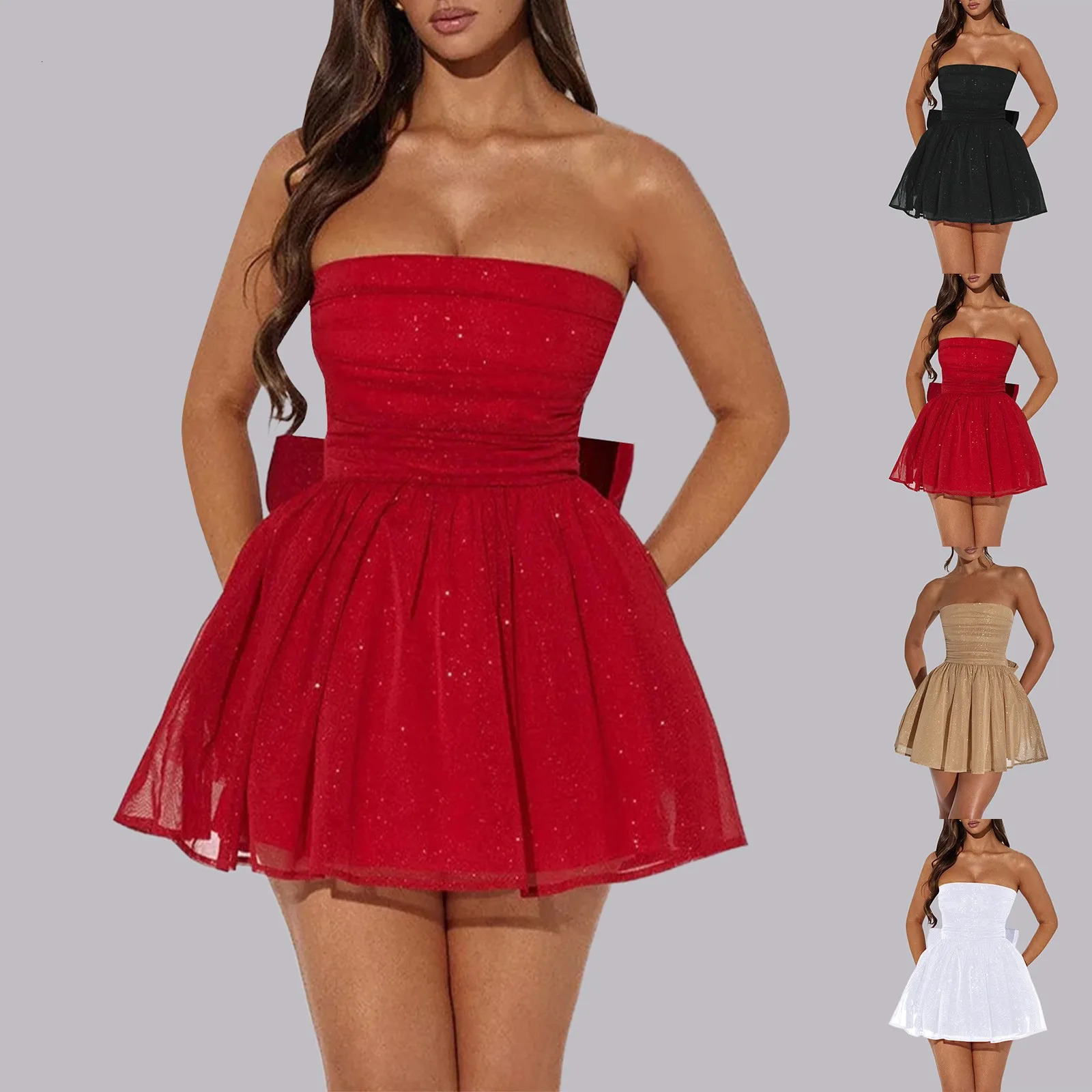 Sparkly Glitter Strapless Mini Dresses For Women Cocktail Party Prom Dress Evening Gowns Bow Backless Elegant Tulle Dresses 250225