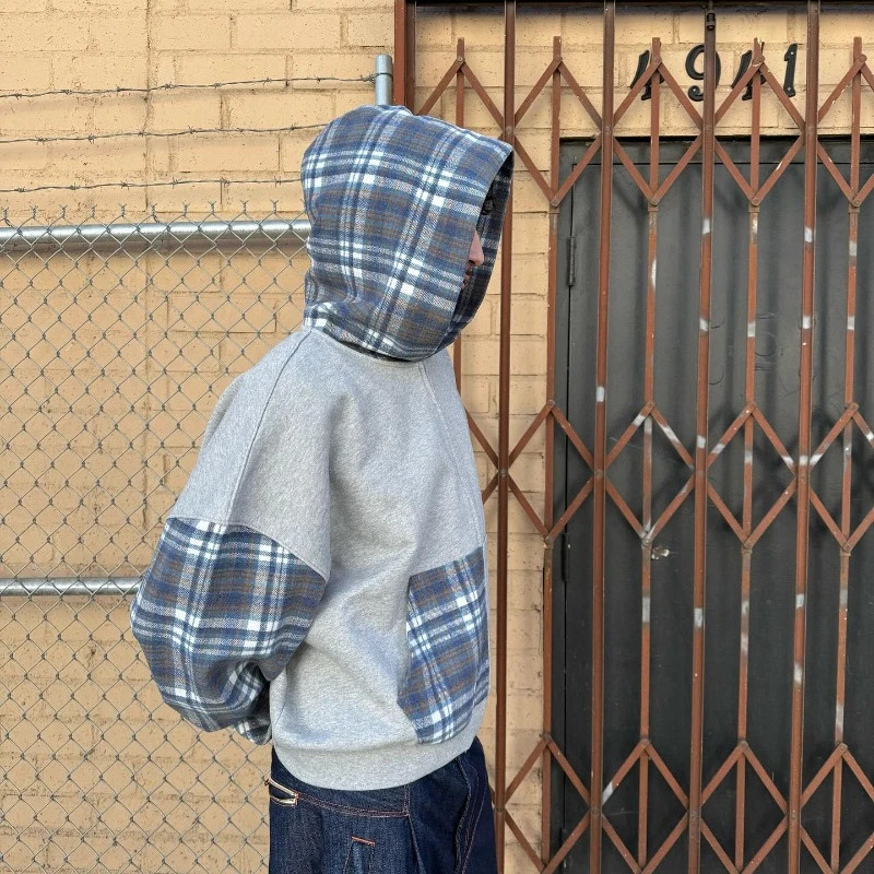 Y2K plain pocket zipper jacket plain splicing work hoodie mens retro unisex boxing sweatshirt 250225