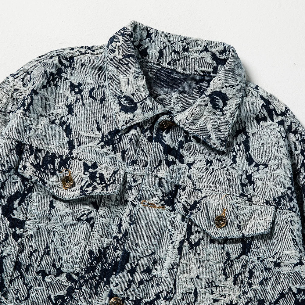 Mens Ripped Distressed Denim Jacket Flower Jacquard Weave Embroidery Coat Loose Long Sleeve Outerwear 250225