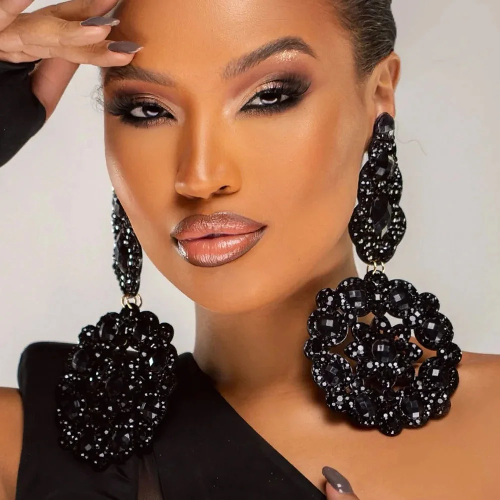 Stonefans Elegant Black Oversize Flower Earrings Piercing Bridal Jewelry Hollow Exaggerated Rhinestone Dangle Earrings for Women 250225