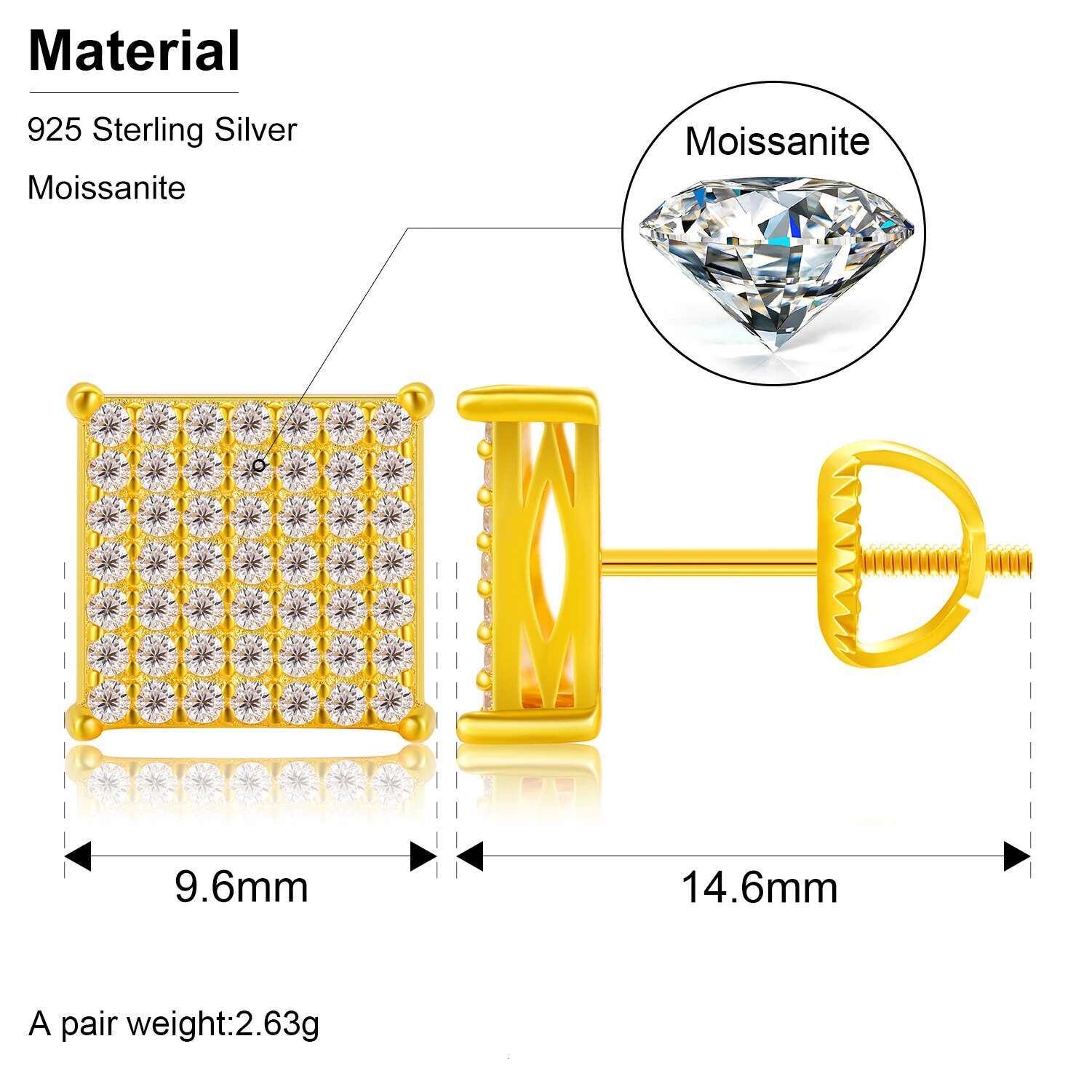 Fashion Square Stud Earring D VVS Moissanite Sterg Sier For Women Men Unisex Hip Hop Jewelry Gift Pass Dia Tester