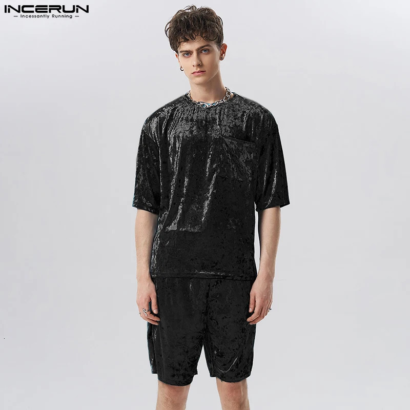 INCERUN Men Sets Velour Solid Color Streetwear Short Sleeve Pockets T Shirt Shorts 2PCS Loose Fashion Men Casual Suits 7 250225