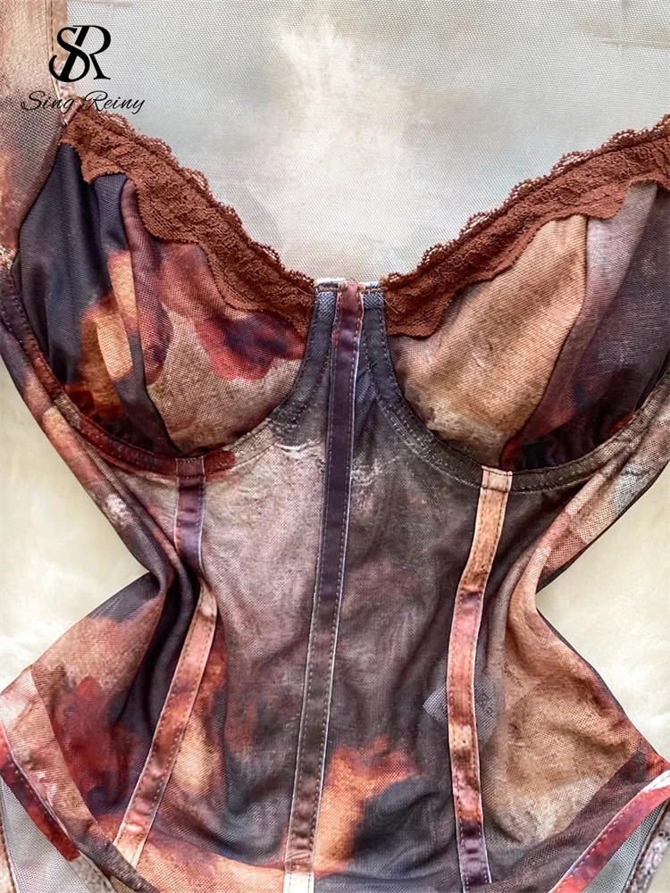 SINGREINY Mesh Print Sexy Bodysuit Square Neck Long Sleeves Open Crotch Slim Jumpsuit Women Tie Dye Retro Sheath Playsuits 250225