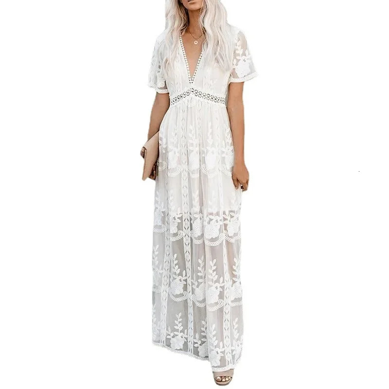 Happie Queens Summer Women Lace Embroidery Long Sleeve V-neck White Chiffon Beach Dress Lady mesh Patchwork Boho Dresses 250222