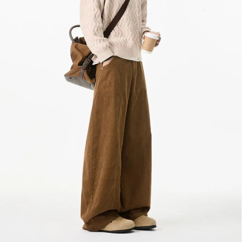 Beige Corduroy Pants Men Fashion Retro Brown Casual Pants Men Streetwear Korean Loose Wide Leg Pants Mens Vintage Trousers M-3XL 250226