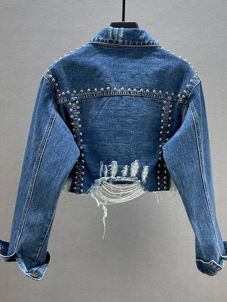 Womens Denim Jacket Spring Summer in Heavy Industry Rivet Studded Jean Jacket Women Worn Nail Bead Jean Jacket Top 250225