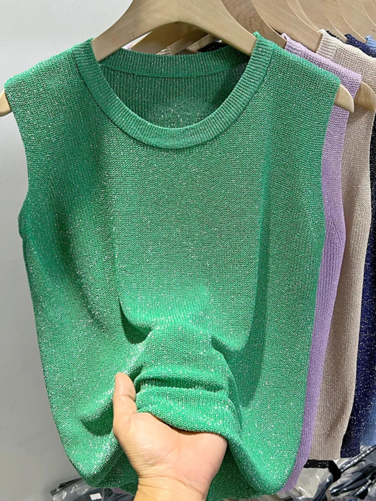 2025 Summer Women Knitted Green Tank Tops Women Thin Tops Basic Casual Tank Tops O-neck Tees Sleeveless Tops For Women 250226