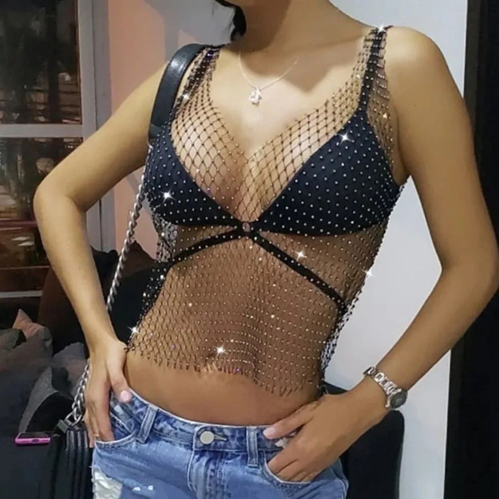 Sexy Shiny Rhinestone Fishnet Women Y2K Tank Tops See Through Crop Top Summer Beach Cover Up Tops Party Nightclub Women Clothing 250225