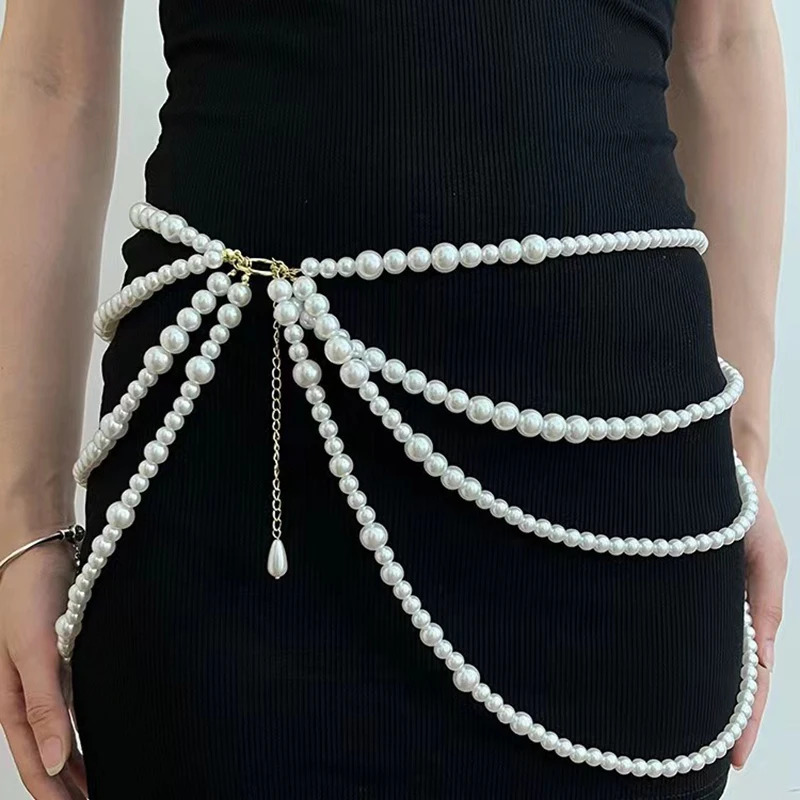 Fashionable Multi-layer Retro Style Ring Joint Tassels Pearl Waist Chain Ladies Body Chain Jewelry 250225