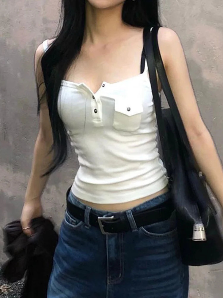 Casual solid pocket Camis top sexy slim sloping collar sleeveless vest Toops 2025 summer fashion streetwear women 250224Z