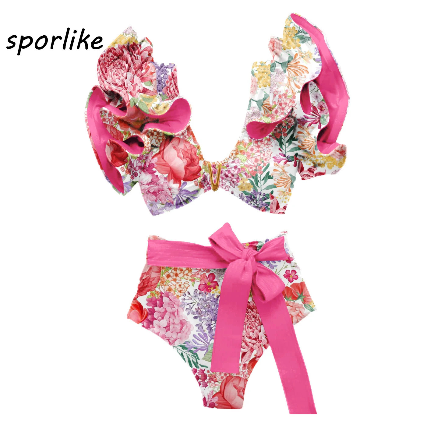 Sporlike V-Neck High Waist Bikini Sets Shoulder Ruffled Sexy Printed Swimsuit Two Pieces Swimwear Women 2025 Bathing Suits 250226