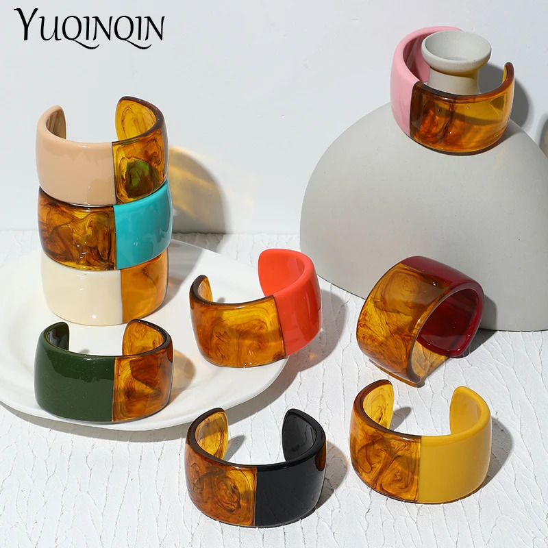 Vintage Resin Cuff Bracelet Bangles for Women Colorful Acrylic Wide Open Bracelet Charms Female Simple Party Fashion Jewelry 250225