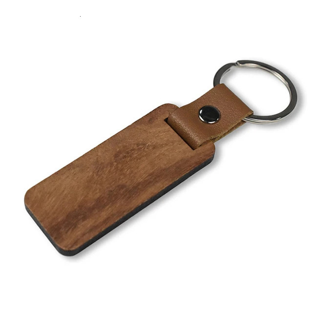 100Pcs Blank Wood Keychains PU Leather Keychain Rectangular Wood Key Chain 250221