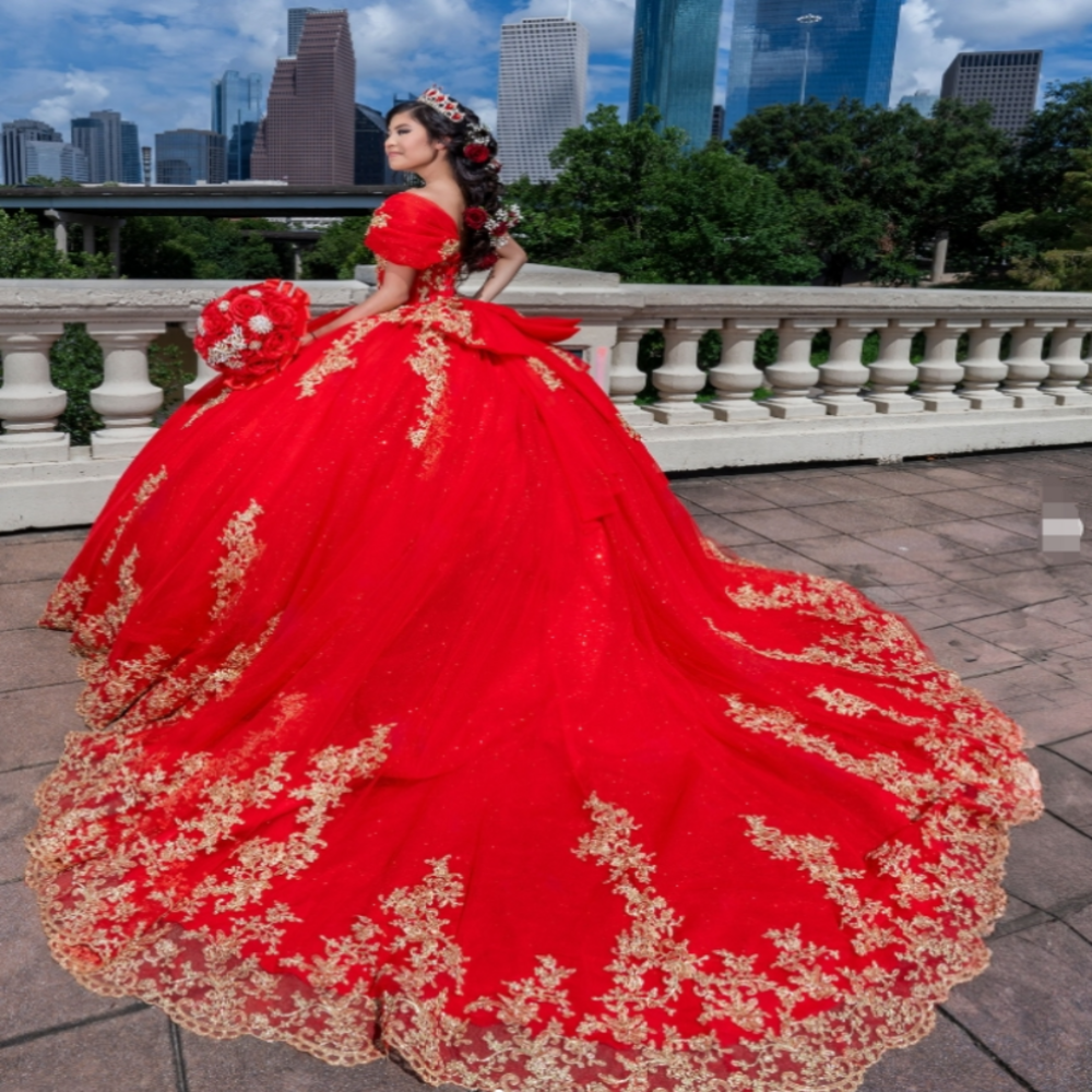 Luxury Red And Gold Quinceanera Dresses 2025 Puffy Ball Gown Cap Sleeve Vestidos De 15 Anos Elegant Debutante Sweet 16 Dress Formal Birthday Party Dre