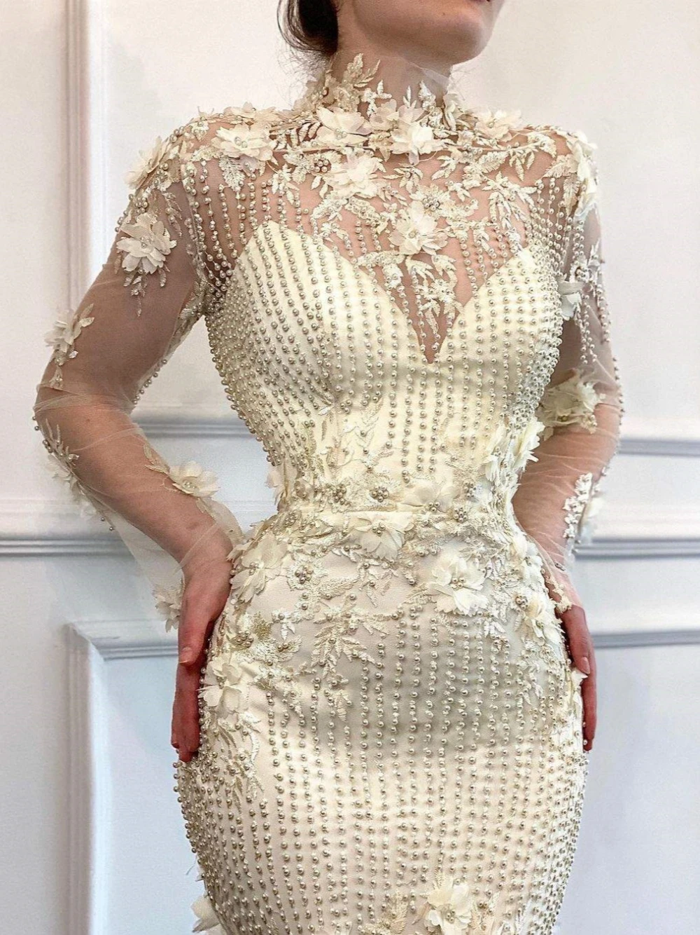 Designer Mermaid Evening Dresses For Women High Collar Long Sleeves Gown Appliques Beaded Customized Dress