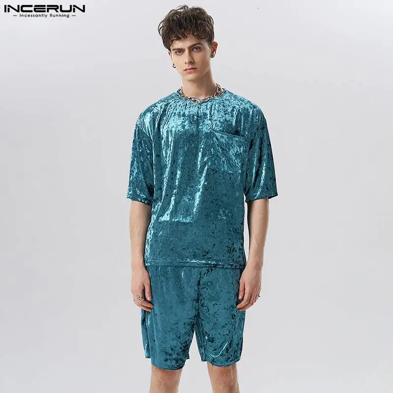 INCERUN Men Sets Velour Solid Color Streetwear Short Sleeve Pockets T Shirt Shorts 2PCS Loose Fashion Men Casual Suits 7 250225