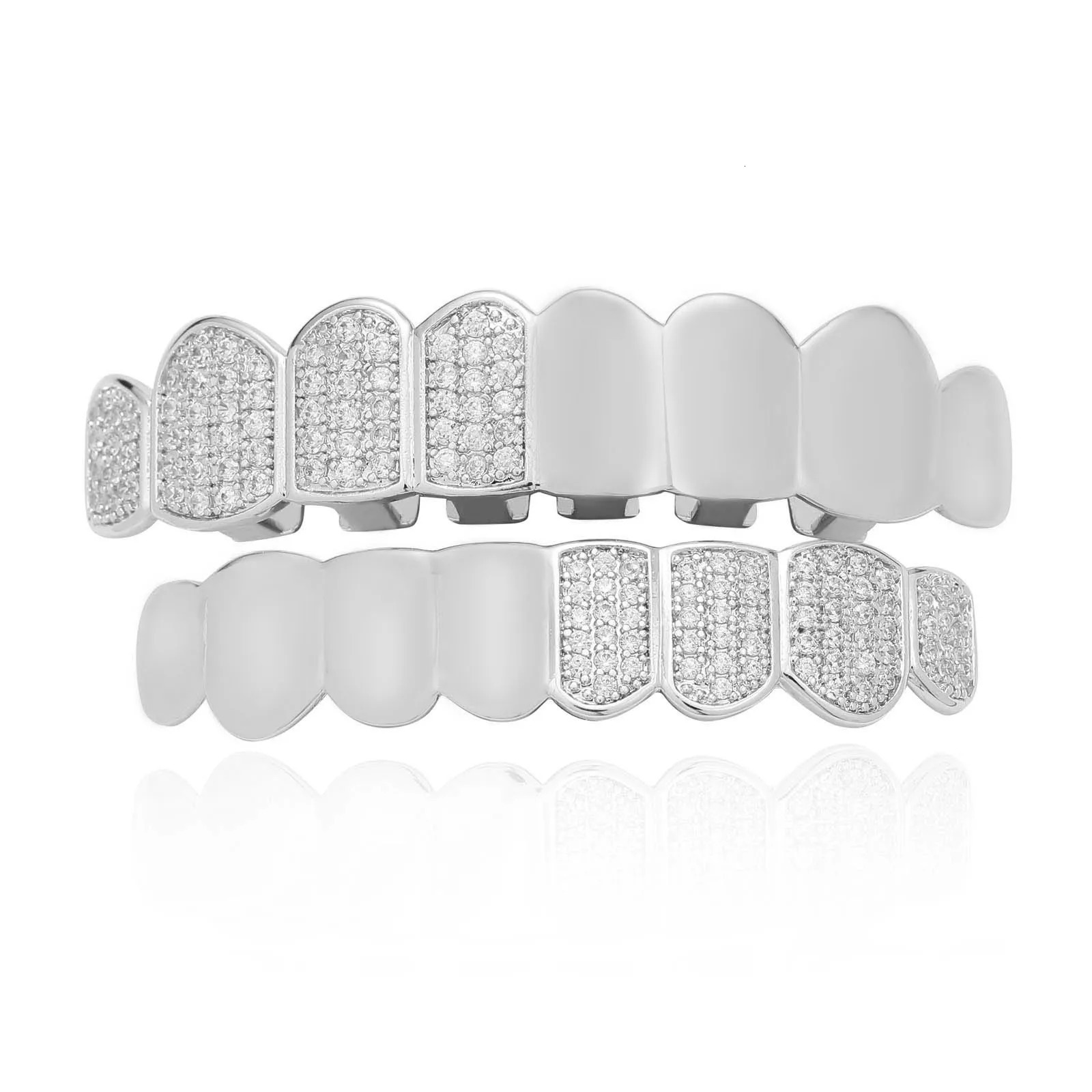 Half Mirrow Style Zircon Iced Out Teeth Hip Hop 8/8 Top Bottom Grills Dental Mouth Punk Teeth Caps Cosplay Party TG094 250220