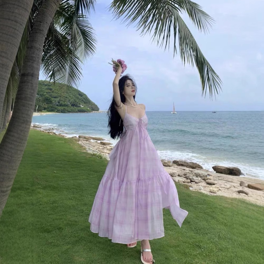 D230 Bamine wears a seaside holiday dress atmosphere hot girl sexy backless Sanya slim beach dress