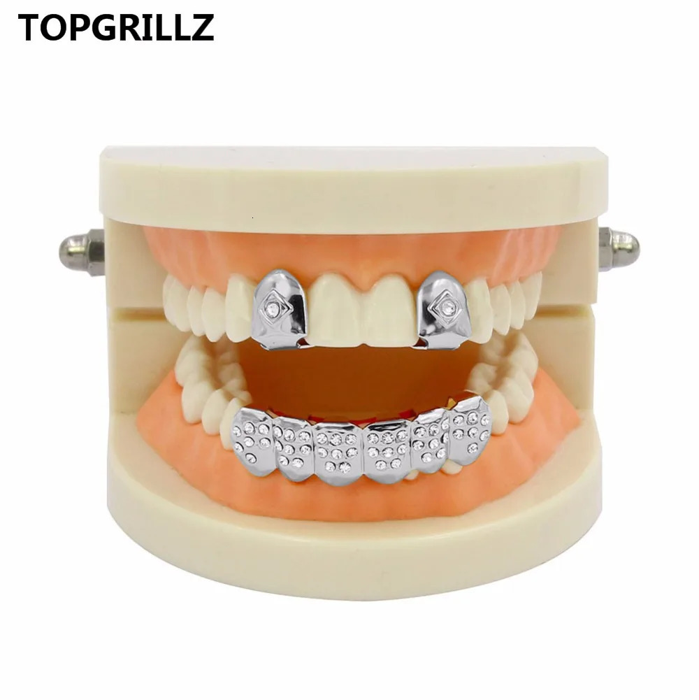 TOP Light Yellow Gold Color Plated 2 Single Top Teeth Cap Tooth Grills Two Lines Bottom Hip Hop Grill For Gift 250225