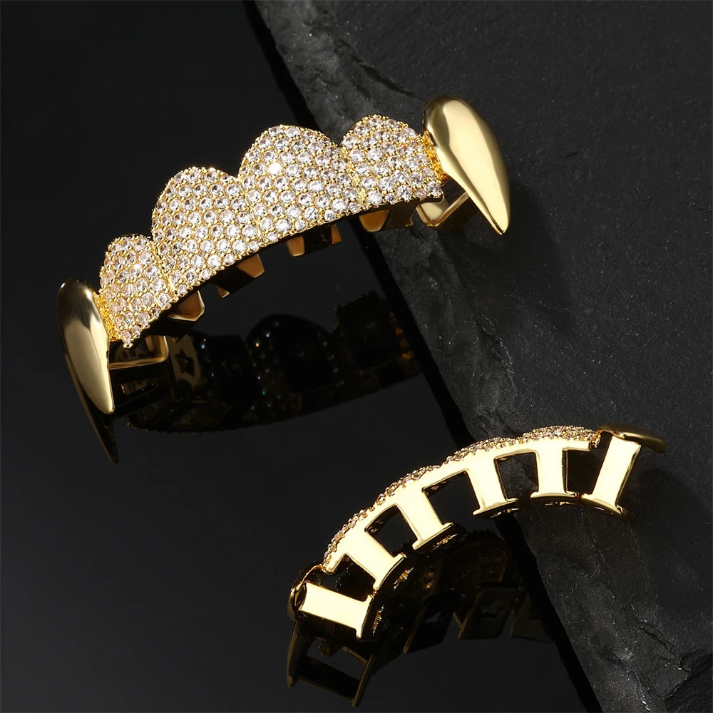 Hip Hop CZ Teeth Caps Cubic Zircon Iced Out Micro Pave Top Bottom Charm Grills For Men Women Jewelry Cosplay Xmas Gift 250225